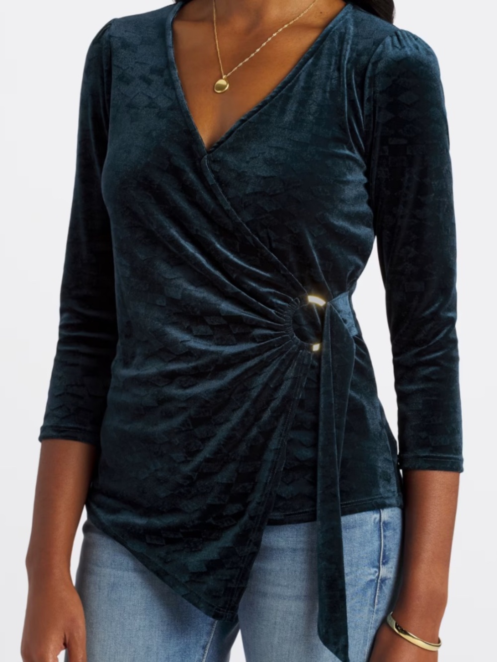 Textured Velour Teal Green 3/4 Sleeve with Ring Detail Knit Top